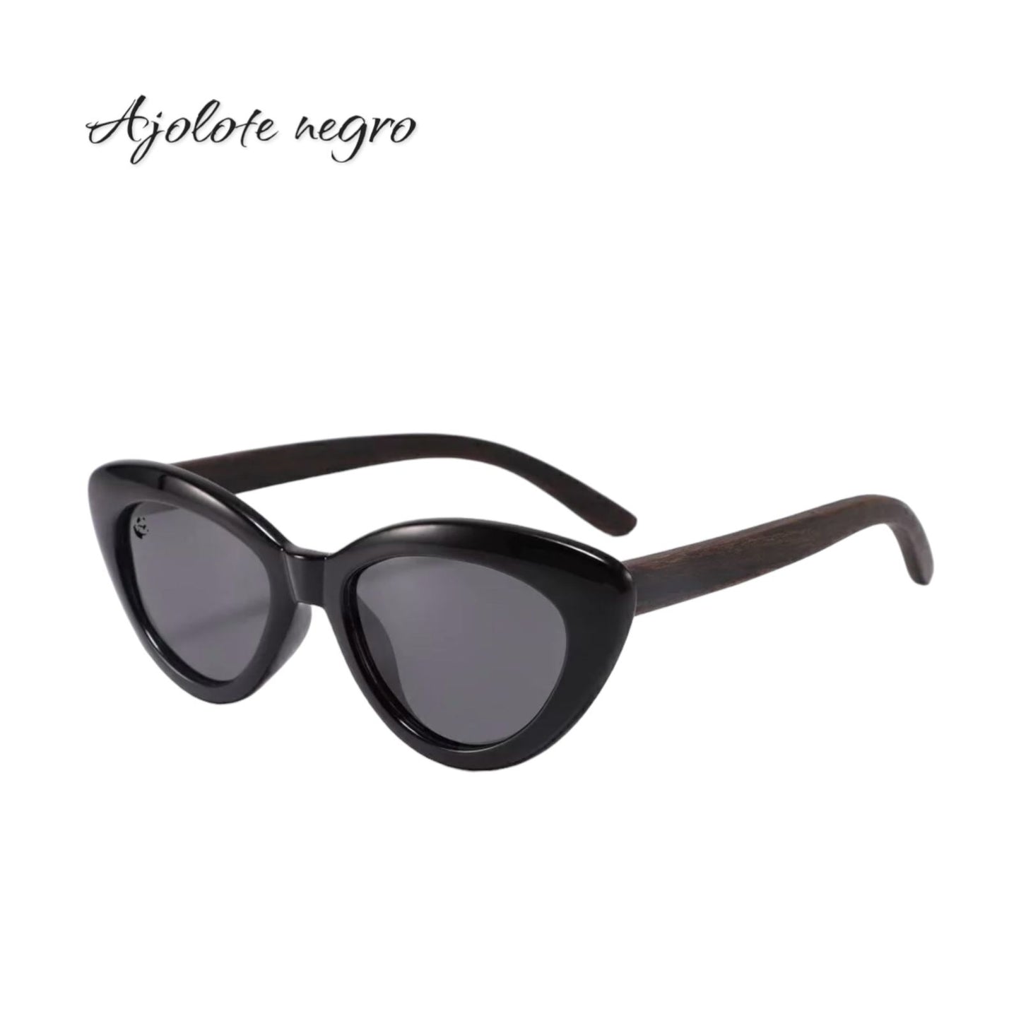 Lentes de Sol Ojo de Gato Ajolote Negro Oscuros & Patillas de Madera - Polarizados UV400 Dama