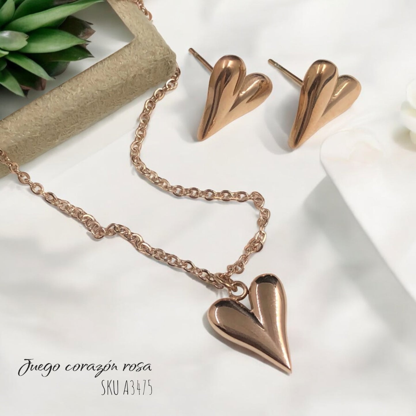 Juego Corazón Rosa Acero Inoxidable