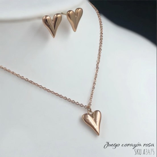 Juego Corazón Rosa Acero Inoxidable