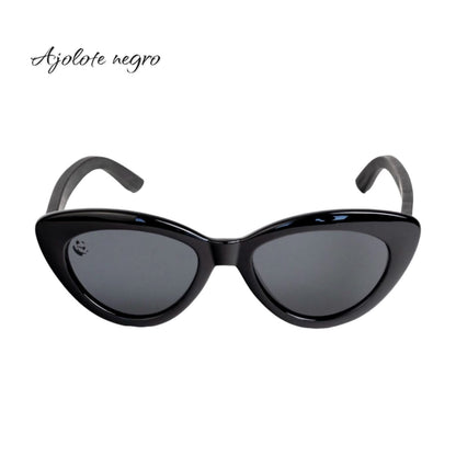 Lentes de Sol Ojo de Gato Ajolote Negro Oscuros & Patillas de Madera - Polarizados UV400 Dama
