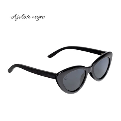 Lentes de Sol Ojo de Gato Ajolote Negro Oscuros & Patillas de Madera - Polarizados UV400 Dama