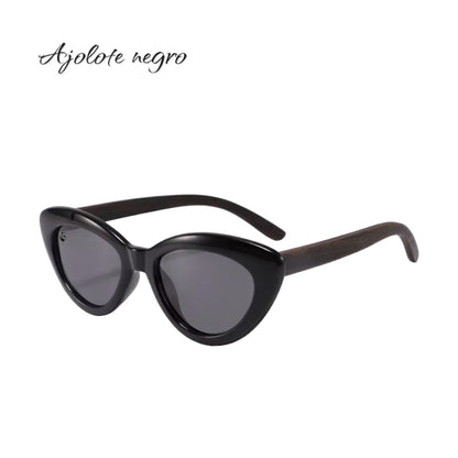 Lentes de Sol Ojo de Gato Ajolote Negro Oscuros & Patillas de Madera - Polarizados UV400 Dama
