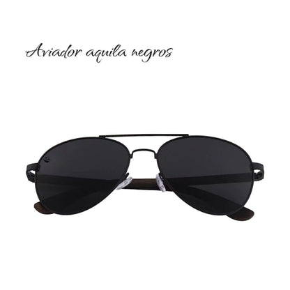 Lentes de Sol Aviador Aquila Negros Oscuros & Patillas de Madera - Polarizados UV400 Unisex