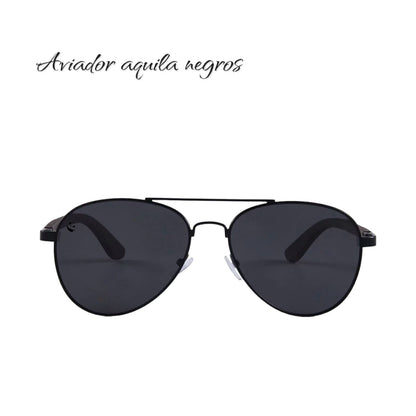 Lentes de Sol Aviador Aquila Negros Oscuros & Patillas de Madera - Polarizados UV400 Unisex