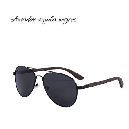 Lentes de Sol Aviador Aquila Negros Oscuros & Patillas de Madera - Polarizados UV400 Unisex