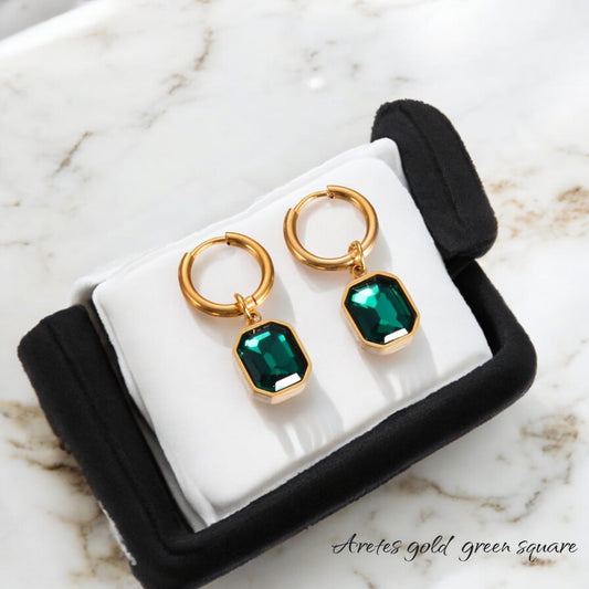 Aretes gold green square