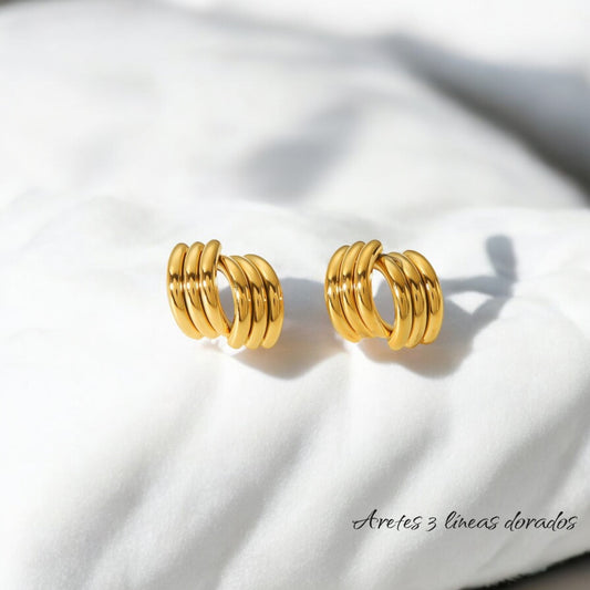 Aretes 3 lineas dorados